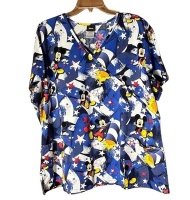 Disney Scrub Top 2XL Mickey Mouse Rocket Red White and Blue - Image 1 of 4
