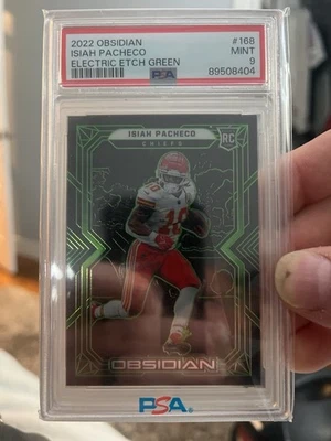 2022 Obsidian Electric Etch Green Isiah Pacheco Chiefs 25/50 #168 PSA 9 - Image 1 of 2