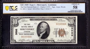 1929 $10 FIRST NATIONAL BANK NOTE SHREVEPORT LOUSIANA PCGS B CHOICE AU 58 - Picture 1 of 4