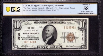 1929 $10 FIRST NATIONAL BANK NOTE SHREVEPORT LOUSIANA PCGS B CHOICE AU 58 - Image 1 of 4