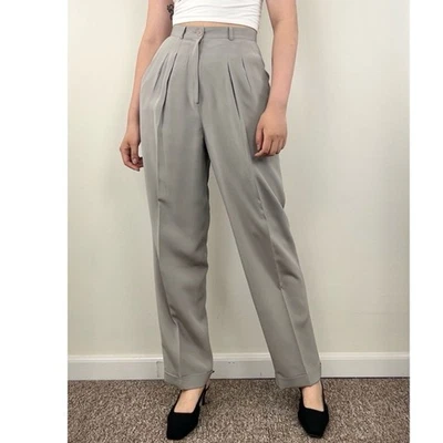 Vintage Ann Taylor 100% Silk Gray Silver Pleated Tapered Pants Trousers - Image 1 of 4