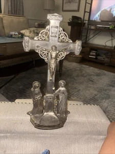 Antique Silver Crucifix Jesus on Cross with Mary & John Catholic Altar Statue - Picture 1 of 6