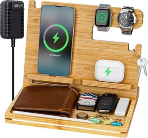 Support de chargeur station d'accueil de charge en bois pour iPhone téléphone Android Apple Watch - Photo 1 sur 6