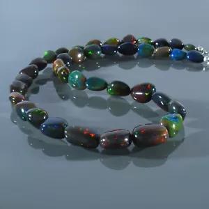 Natural Welo Fire Black Opal Tumble Beads Chain 925 Silver Handcrafted Necklace - Picture 1 of 6