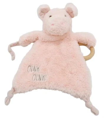 Mudpie Pink Pig Lovey Oink Oink Baby Security Blanket Wood Ring Plush Stuffed  Foto 1 de 4