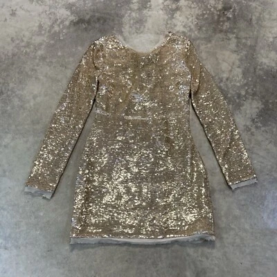 Vestido Rachel Zoe para mujer 0 lentejuelas doradas manga larga ceñido al cuerpo mini lazo trasero Foto 1 de 4