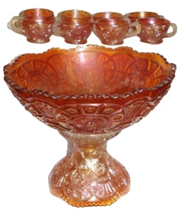 #80 IMPERIAL BROKEN ARCHES CARNIVAL GLASS MARIGOLD PUNCH BOWL & STAND & 8 CUPS - Picture 1 of 12