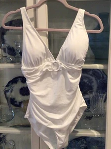 Michael Kors 1-Piece Swimsuit Cruise 2023 Logo Ring Deep V NECK WHITE SZ 10 NWT - Picture 1 of 7