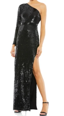 NWT MAC DUGGAL Sz6 LONG SLEEVE ONE SHOULDER THIGH HIGH SLIT SEQUIN GOWN BLACK - Image 1 of 4