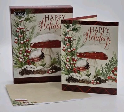 Lang Holiday Mushrooms Boxed Christmas Cards 1004911 Set of 18 Linen Embossed   - Image 1 of 4