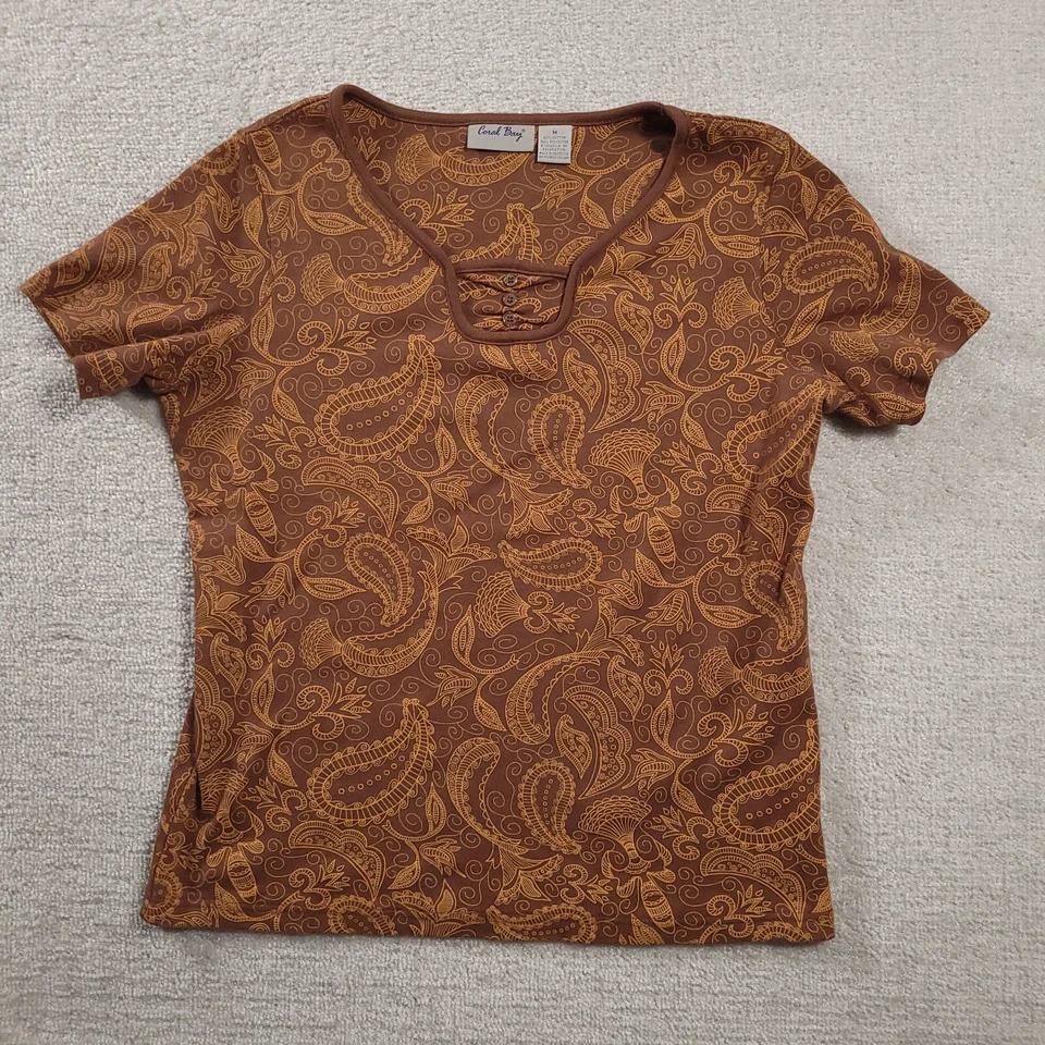 Coral Bay Womens Paisley Shirt Medium Brown Short Sleeve Floral Ladies - Image 1 of 4