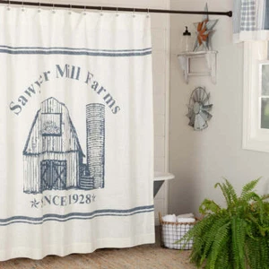 SHOWER CURTAIN COUNTRY FARMHOUSE BARN STENCILED FABRIC 72x72 | SAWYER MILL BLUE - Picture 1 of 3