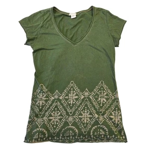Camicia vintage Maurices verde oliva stampa grafica scollo V donna M boho western - Foto 1 di 5
