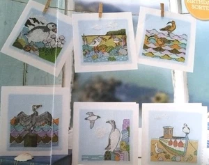 Cross Stitch "SEABIRDS" pattern ~ puffin, cormorant, gull, boat, ocean - Picture 1 of 4
