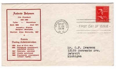 #822 Presidential Series 17c Andrew Johnson 1938 FDC - #90 Ludwig - Image 1 of 2