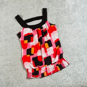 Camiseta sin mangas vintage y2k studio y rosa/marrón/naranja geométrica sedosa babydoll M - Imagen 1 de 5