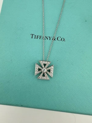 Tiffany & Co. Diamond Maltese Cross Pendant Necklace in Platinum 16” - Image 1 of 4
