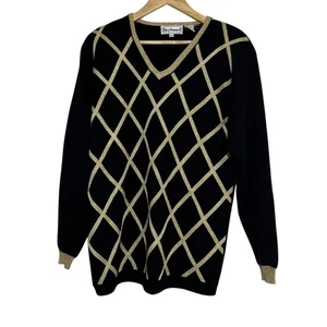 Bechamel Gold Black V Neck Sweater Size MEDIUM Lattice Trellis Grid Lambswool - Picture 1 of 8