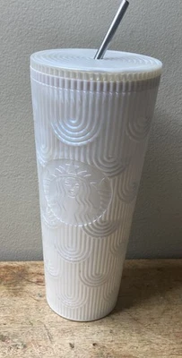 Starbucks 2023 White Pearl Shell Mermaid Siren Scales Cup Tumbler 24oz W/ Straw - Image 1 of 4