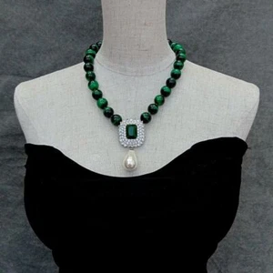 14mm Green Tiger Eye Necklace 16x26mm Cz Pave White Shell Pearl Pendant - Picture 1 of 6