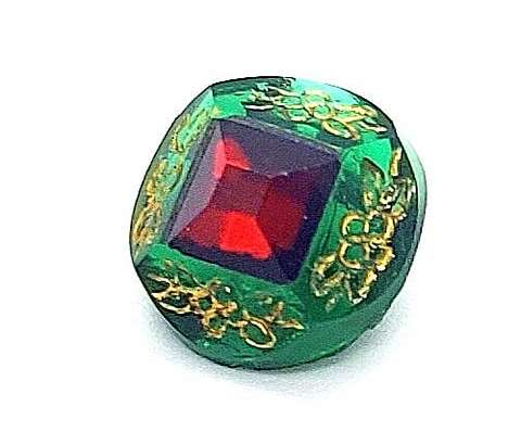 Antique Green Glass Button-Tingue Cousin with Gold Incised Designs, Mid 1800's Cover