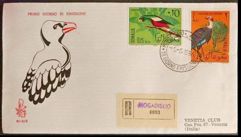 146.SOMALIA 1966 CONJUNTO/2 SELOS PÁSSAROS USADOS REGISTRADOS FDC - Imagem 1 de 2