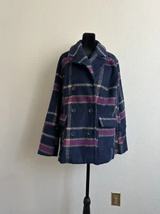 Maxwell Studio Women's Classic Plaid Double-Breasted Peacoat. Blue And Pink. L - Picture 1 of 10