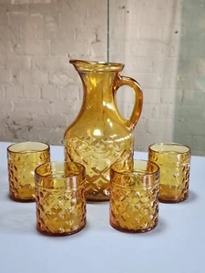 VGC: VINTAGE SQUARE CUT AMBER GLASS 5 PIECE DRINKING SET - JUG AND CUPS - Picture 1 of 14