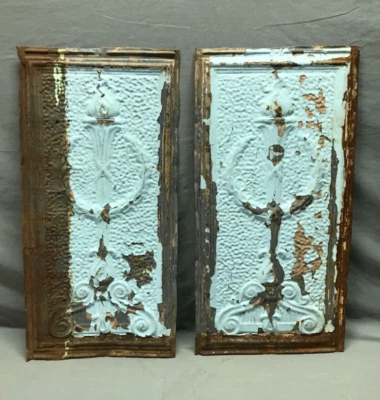 Antique Pair Tin Ceiling 1" x 2" Torch Wreath Shabby Blue VTG Crafts 1466-24B - Image 1 of 4