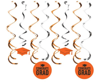 GRADUATION party ORANGE foil hanging SWIRLS DECORATIONS 8 pcs school colors - Image 1 of 2