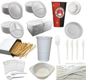 Plastik Geschirr Besteck Menü Teller Kaffee Pappbecher 0,2l/0,3l Deckel - Bild 1 von 2
