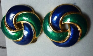 🐿️Ohrringe  Cloisonne - Technik, Clip glänzend vergoldet, Emaille grün und blau - Bild 1 von 3