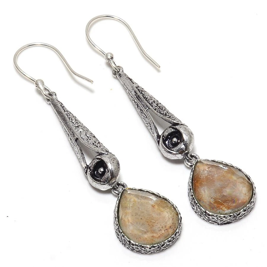 Faceted Rutilated Quartz Gemstone Silver Plated Earrings Jewelry 3" - Image 1 of 1