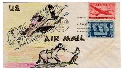 C32 Transport 5c Airmail FDC 1946 - Thornton Shaw Hand-drawn - Image 1 of 2