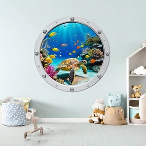 Sea Turtle Porthole Wall Stickers, Coral Reef 3D Nursery, Bathroom Wall Decals - Picture 1 of 6