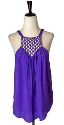 Rebecca Taylor Shirt Women 4 Purple Silk Braided Trim Fringe Tank Camisole - Image 1 of 4