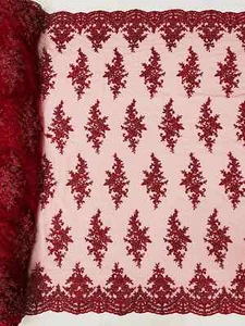 Fancy Border Cluster Fabric - Burgundy Embroidered Beaded Flower Design By Yard - Picture 1 of 4