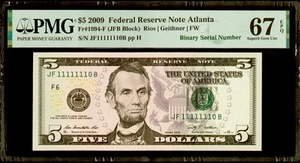 Near Solid True Binary Fancy Serial # JF11111110B PMG 67 EPQ 2009 $5 Dollar FRN - Picture 1 of 2