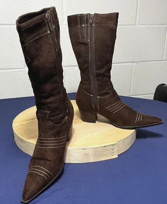 Pierre Dumas Women Size 7.5M Western Brown Suede Point Toe Boots Alamo Mid-Calf - Image 1 of 4