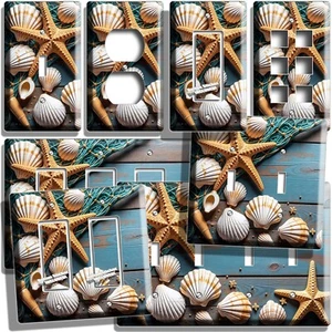 RUSTIC WOOD SEASHELLS STARFISH FISHING NET LIGHT SWITCH OUTLET OCEAN WALL PLATES - Picture 1 of 34