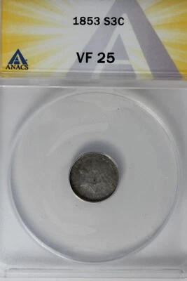 1853 .03 ANACS  VF 25  STAR AND SHIELD three cent (3c) piece, Trime - Image 1 of 2
