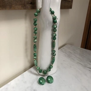 Vintage Fashion Marble-Like Green & Gold Beads Necklace Earrings Set Jewelry Set - Picture 1 of 10