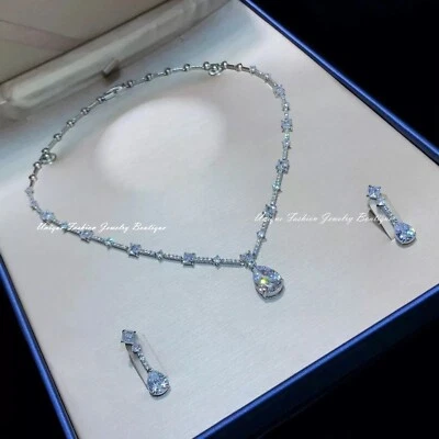 18k Platinum Plated Lab-Created White Sapphire Necklace Earrings Set Gorgeous - Image 1 of 4