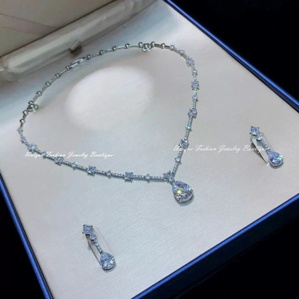 18k Platinum Plated Lab-Created White Sapphire Necklace Earrings Set Gorgeous - Image 1 of 4