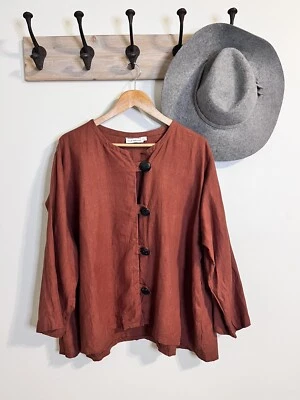 Louis Simon LA Libellule 100% 亚麻 Lagenlook 夹克时髦纽扣上衣棕色二手状况完好 — 第 1/4 张图片