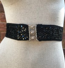 Vintage 90s Black Sequin Elastic Waist Cinch Belt 26" to 30"