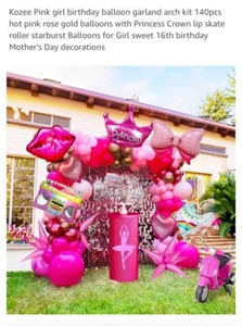 Pink/Gold Balloon Arch/Garland 140 Pieces. Princess Crown, Lips, Starburst - Picture 1 of 5