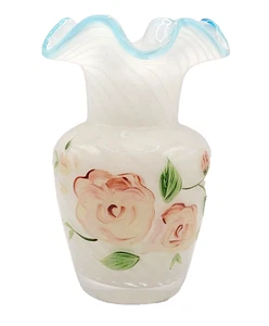 Fenton Vase For Teleflora Ruffled Top Glass Hand Painted Flowers Art Glass Vase - Picture 1 of 23