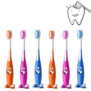 6 Pc Happy Face Toothbrush Kids Soft Bristles Suction Cup Stand Toddler Fun Kids - Picture 1 of 1