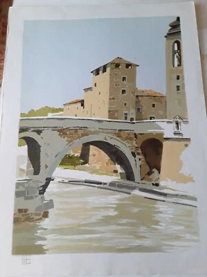 Serigrafia Aldo Riso " Isola Tiberina", 60x80 cm  - Immagine 1 di 2